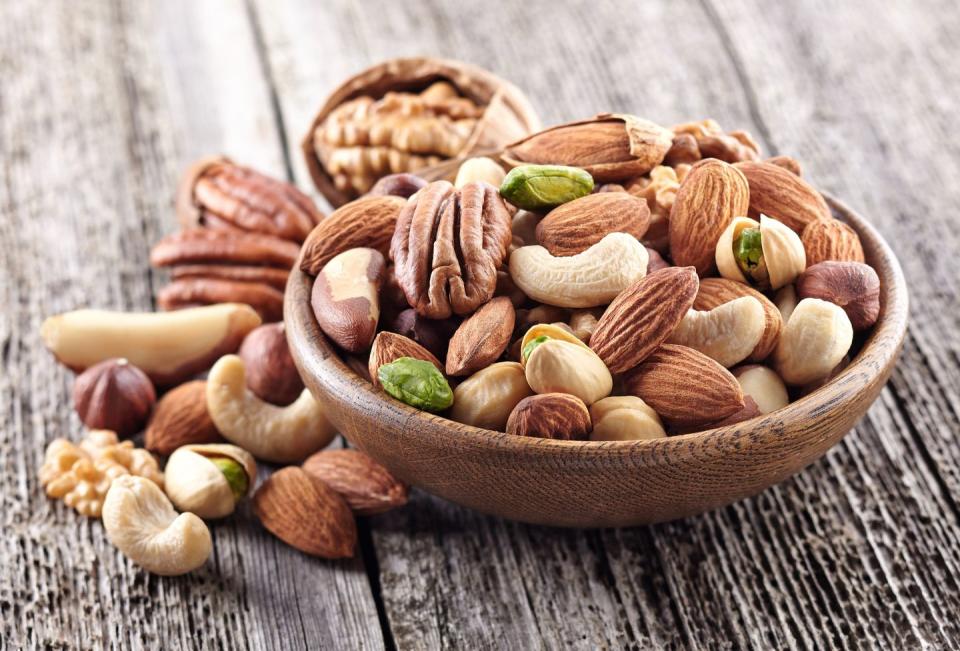 nuts mix,close up of almonds in bowl on table