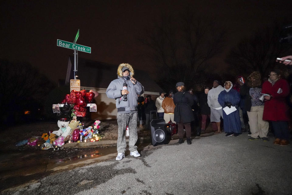 Rodney Wells, stepfather of Tyre Nichols, speaks at a prayer gathering at the site where Nichols was beaten by Memphis police officers, and later died from his injuries, in Memphis, Tenn., Monday, Jan. 30, 2023. (AP Photo/Gerald Herbert)