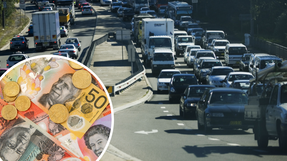 A congested Sydney toll road and Australian money.