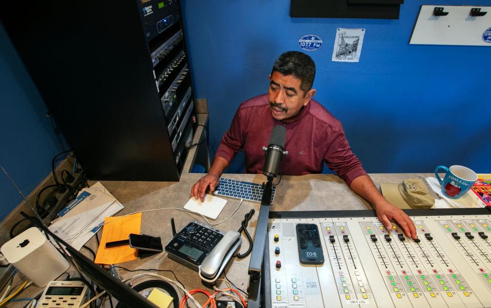 Lucas Benitez, co-founder of the Coalition of Immokalee Workers, conducts his radio show on 107.7 FM Radio Conciencia on Wednesday, February 21, 2024.