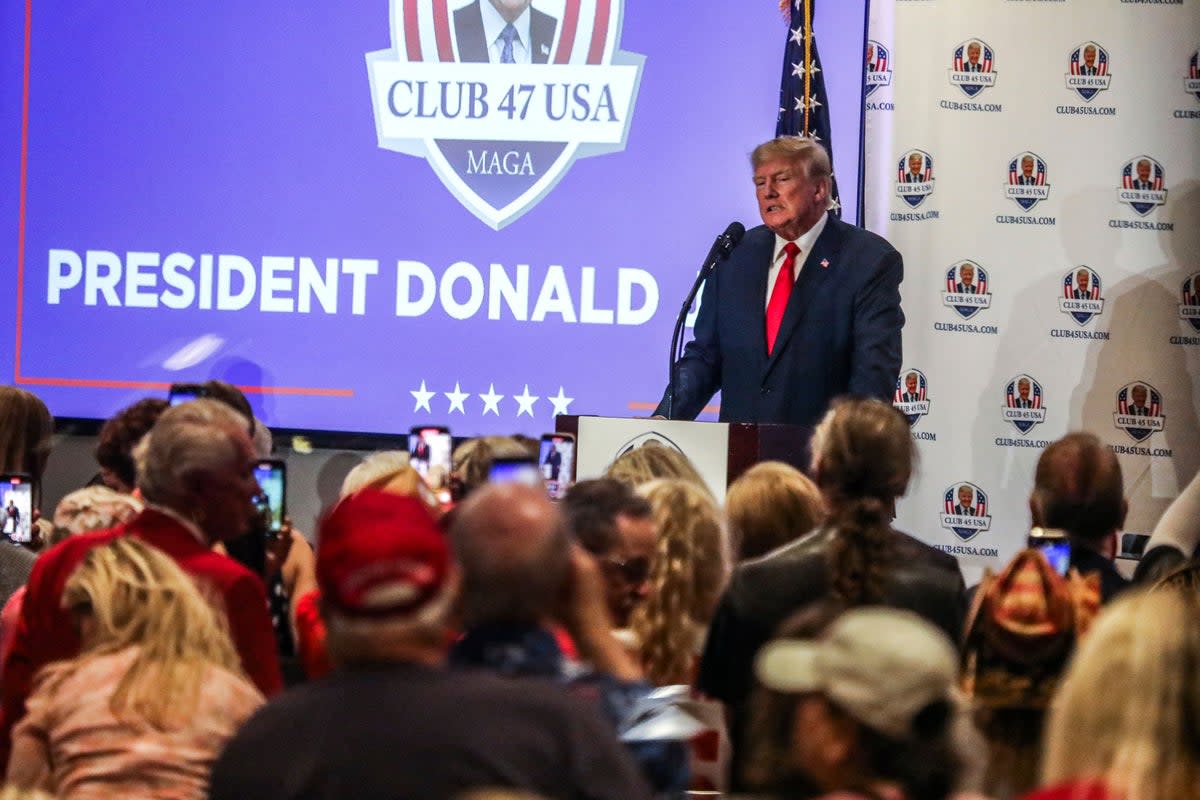 Former US President Donald Trump speaks to supporters during Trump's President Day event at the Hilton Palm Beach Airport in West Palm Beach, Florida, on February 20, 2023 (AFP via Getty Images)