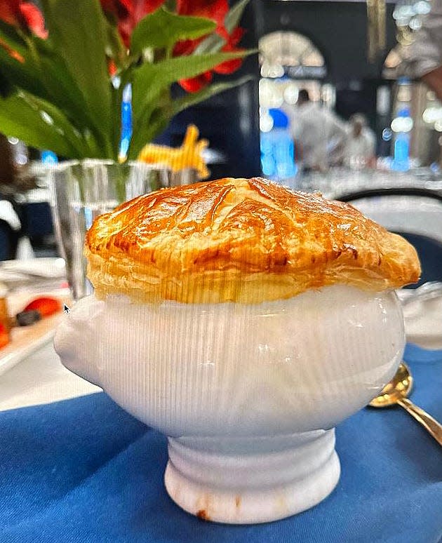 Cafe L'Europe's chicken pot pie features shiitake mushrooms, diced carrots, potatoes, celery, cream, sherry and a squeeze of lemon juice.