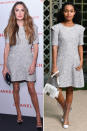 <p>Ein Kleid, ähnlicher Look, aber am Ende doch ganz anders. Schauspielerin Elizabeth Chambers (l., „Criminal Minds“), Ehefrau von Armie Hammer, trug zu dem silbernen Chanel-Kleid transparente Pumps des Pariser Modehauses. Nachwuchsstar Yara Shahidi aus der Serie „Blackish“ wählte durchsichtige Stiefel und Chanels klassische Boy Bag. (Bilder: Getty Images) </p>