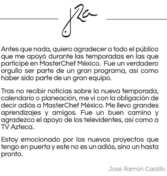 comunicado de josera castillo dice adios a masterchef mexico