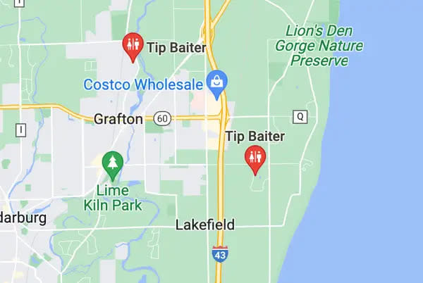 Zwei Adressen mit der Aufschrift "Tip Baiter" auf Google Maps in der Nähe von Milwaukee, Wisconsin. - Copyright: Google Maps/Insider
