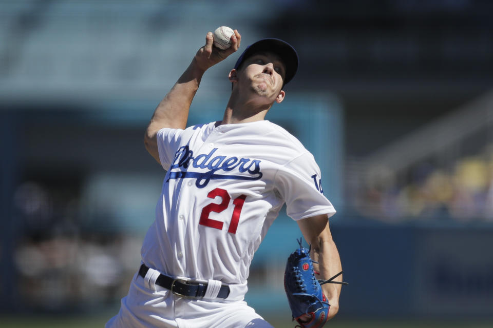 Los Angeles Dodgers starting pitcher Walker Buehler throws against the Colorado Rockies during the first inning of a tiebreaker baseball game, Monday, Oct. 1, 2018, in Los Angeles. (AP Photo/Jae C. Hong)