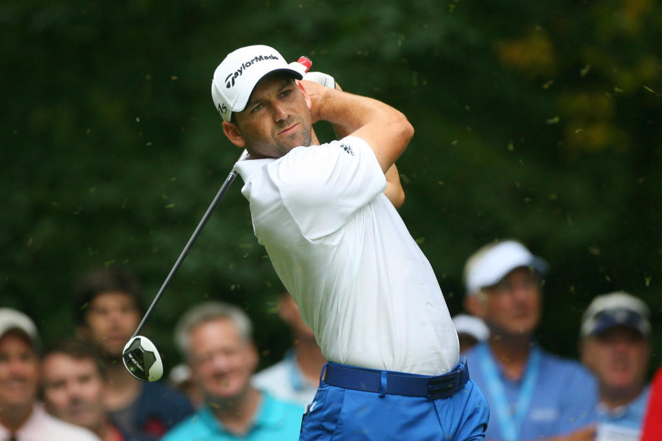 GREENSBORO, NC - AUGUST 19: Sergio Garcia of Spain hits his tee shot on the second hole during the final round of the Wyndham Championship at Sedgefield Country Club on August 19, 2012 in Greensboro, North Carolina. (Photo by Hunter Martin/Getty Images)