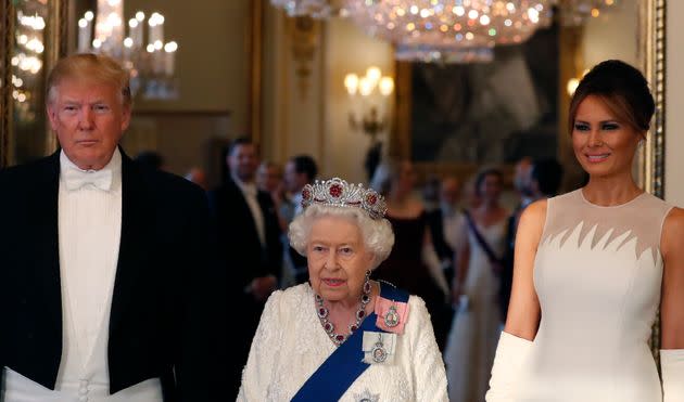 Queen Elizabeth poses for a photo with then-President Donald Trump and then-first lady Melania Trump ahead of a State Banquet at Buckingham Palace on June 3, 2019, in London. (Photo: WPA Pool via Getty Images)