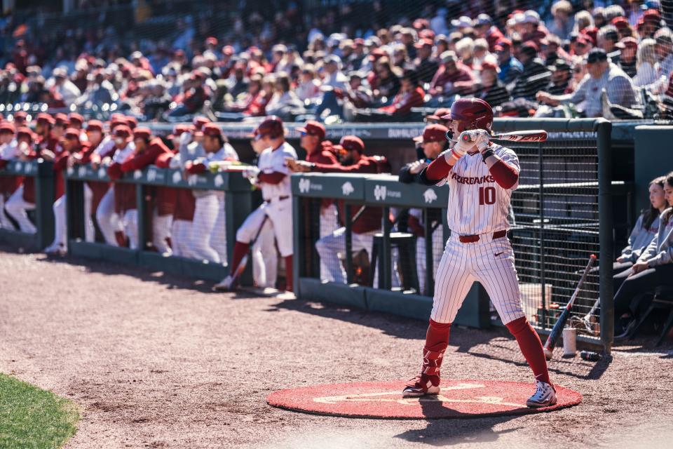 Arkansas baseball's Peyton Stovall gets ready in the on-deck circle during a win over McNeese State earlier this season.