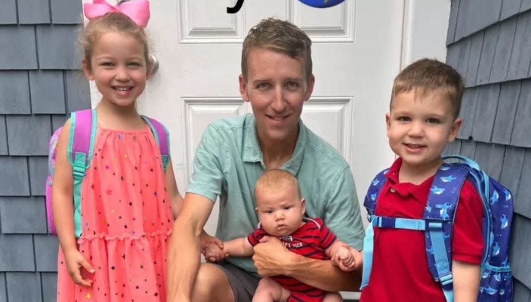 Patrick Clancy, of Duxbury, with his children Cora, Dawson and Callan.