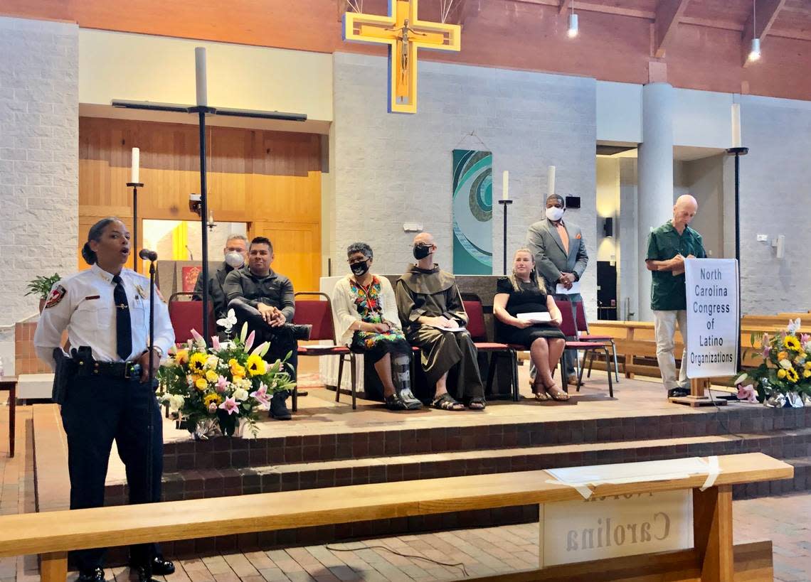Durham police chief Patrice Andrews talks to Latino community members at Immaculate Conception Catholic Church on July 10, 2022, after a meeting with the NC Congress of Latino Organizations.