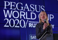 Belinda Stronach, chairman and president of the Stronach Group, speaks during the draw for the Pegasus World Cup Horse Race, Wednesday, Jan. 22, 2020, in Hallandale Beach, Fla. The race will run Saturday, Jan. 25 at Gulfstream Park in Hallandale Beach. (AP Photo/Wilfredo Lee)