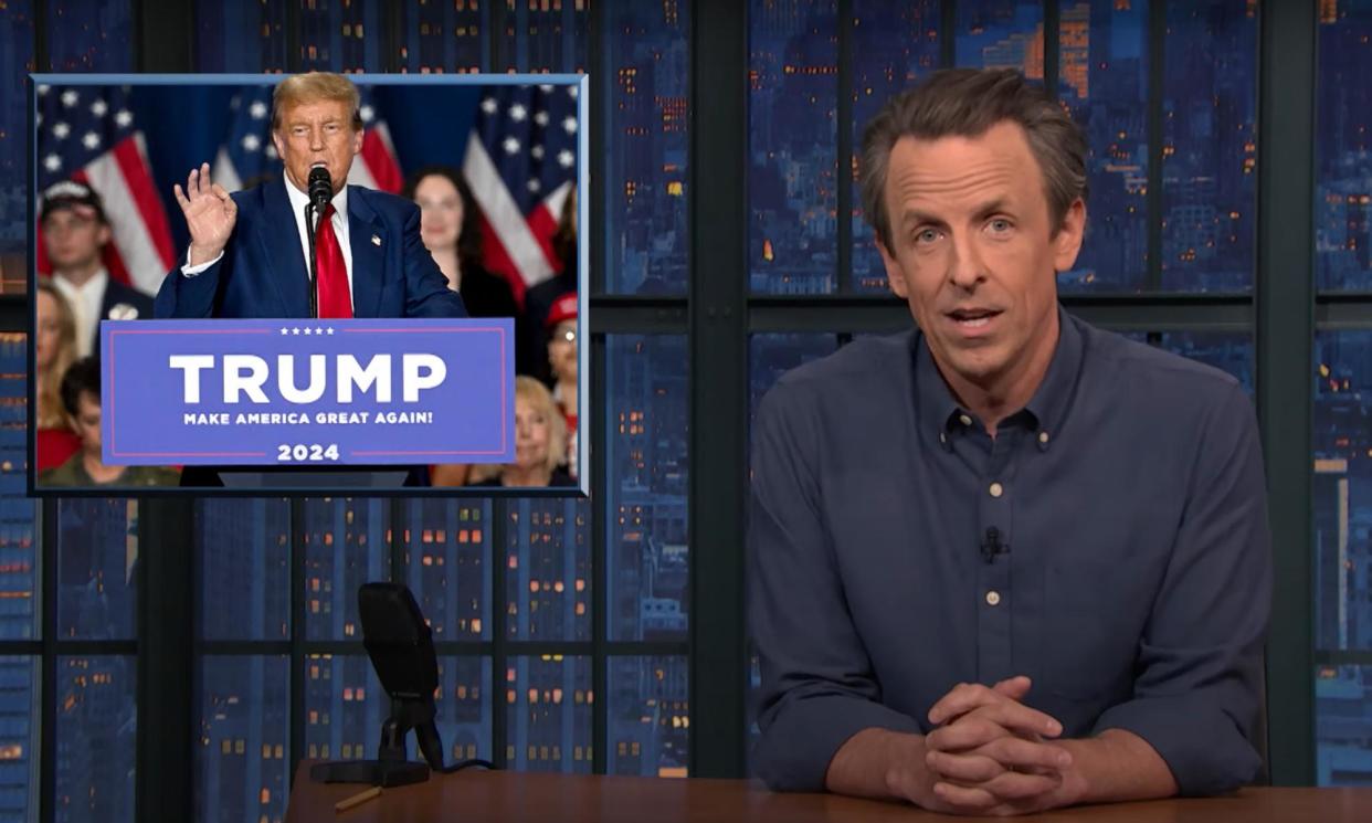<span>Seth Meyers on Donald Trump: ‘He’s doing that thing again where he pretends the last year of his presidency didn’t happen.’</span><span>Photograph: YouTube</span>