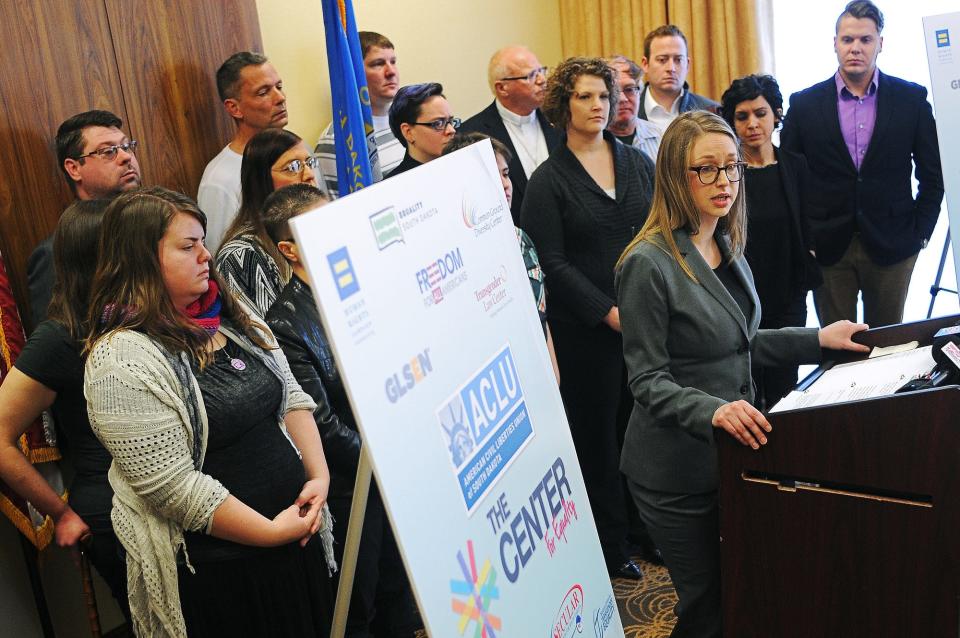 In this Argus Leader file photo, Libby Skarin, then policy director with the American Civil Liberties Union of South Dakota, speaks during a press conference against legislation she said would discriminate against transgender people Friday, Jan. 29, 2016, in the Cascade Room of the Downtown Holiday Inn in Sioux Falls.