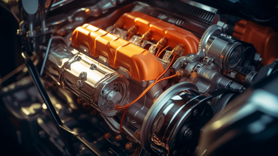 A close-up of a car engine, its components illuminated in the light.