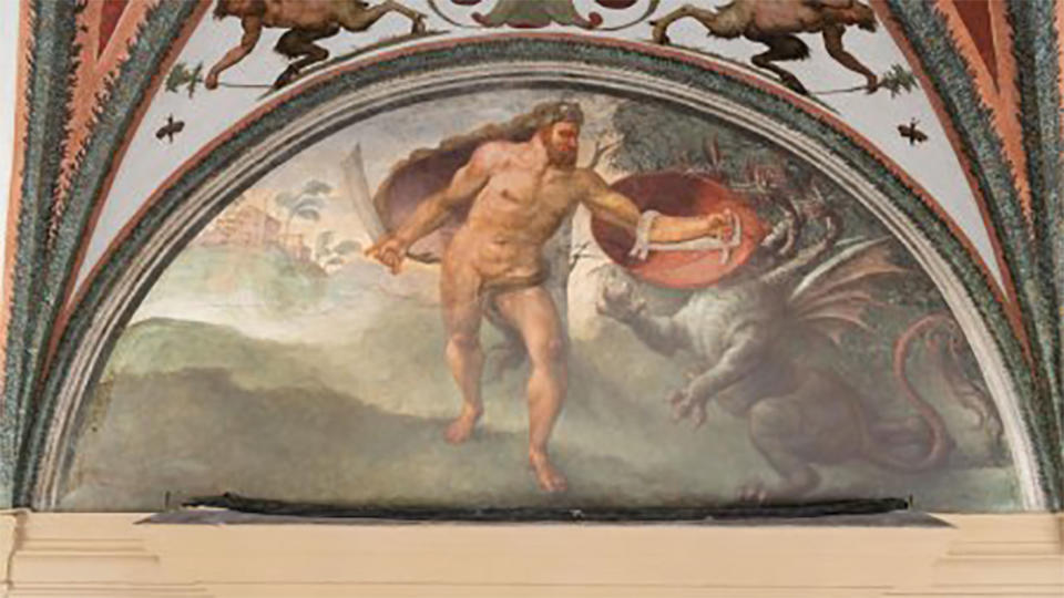 The recently restored lunette fresco showing Hercules slaying the Lernaean Hydra in the Galerie d’Hercule, at Prince’s Palace of Monaco.