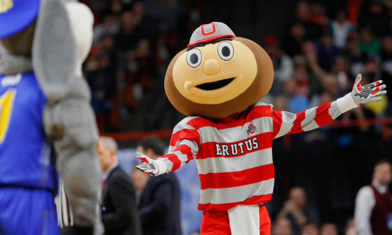 A closeup of Ohio State's mascot during a basketball game.