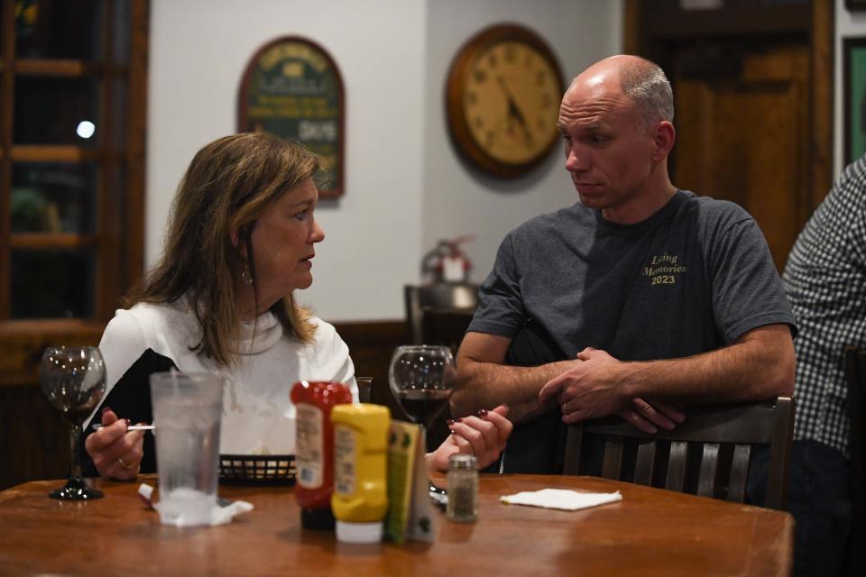 District 5 School Board incumbent Marcia Moss speaks with District 2 Republican candidate Glen Gaugh during the Constitutional Republicans March 5 Election watch party inside Mulligan's in Jackson, Tenn. on Tuesday, March 5, 2024.