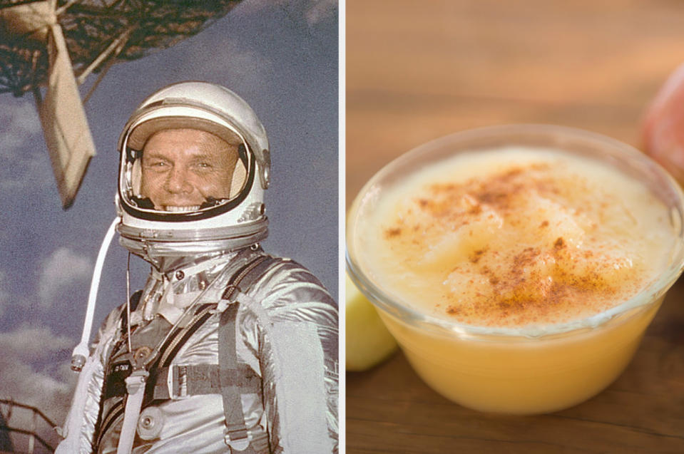 Astronaut John Glenn, next to a cup of applesauce