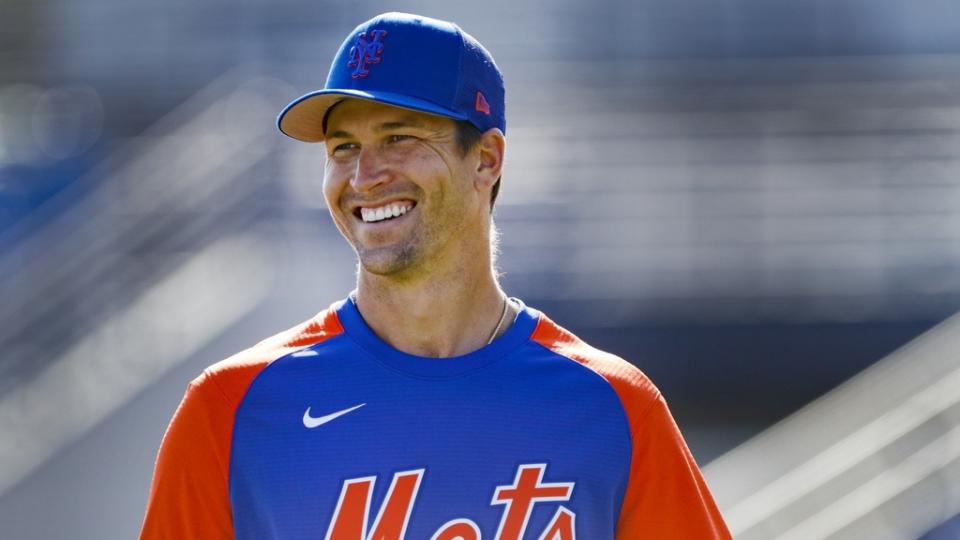 Mar 13, 2022; Port St. Lucie, FL, USA; New York Mets starting pitcher Jacob deGrom (48) reacts after working out during spring training.