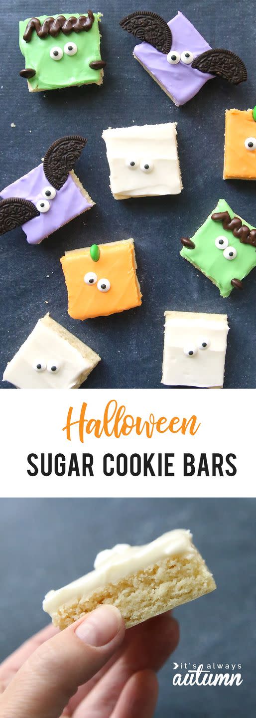 <p>A few clever toppings—sugar eyes, piped frosting, and chocolate cookies—turn your standard cookie bars into ghoulish creatures fit for a Halloween-themed event.<br></p><p><a href="https://www.itsalwaysautumn.com/halloween-sugar-cookie-bars-easy.html" rel="nofollow noopener" target="_blank" data-ylk="slk:Get the recipe." class="link ">Get the recipe.</a></p>