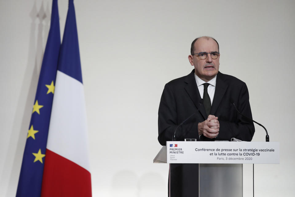 French Prime Minister Jean Castex speaks during a press conference to outline France's strategy for the deployment of future COVID-19 vaccines, in Paris, Thursday Dec. 3, 2020. French Prime Minister Jean Castex said the first doses of COVID-19 vaccines will go to nursing homes residents when they will be available in the country, not before the end of the month. (Benoit Tessier/Pool via AP)