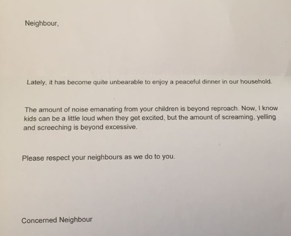 Pictured is the note the woman received in her letterbox. Source: Facebook