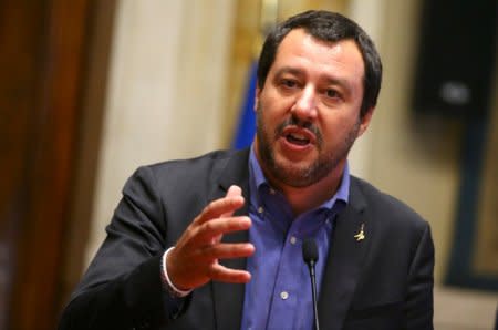FILE PHOTO: League party leader Matteo Salvini speaks at the media after a round of consultations with Italy's newly appointed Prime Minister Giuseppe Conte at the Lower House in Rome, Italy, May 24, 2018. REUTERS/Tony Gentile