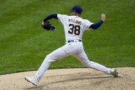 Milwaukee Brewers relief pitcher Devin Williams throws during the seventh inning of a baseball game against the Kansas City Royals Saturday, Sept. 19, 2020, in Milwaukee. (AP Photo/Morry Gash)