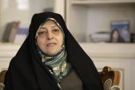 FILE - In this Feb. 14, 2013 file photo, Iranian Vice-President Masoumeh Ebtekar gives an interview to The Associated Press, in Tehran, Iran. On Thursday, Feb. 27, 2020, the English-language IRAN daily newspaper via its Twitter account, said Masoumeh Ebtekar, a vice president in the Islamic Republic and a spokeswoman for the 1979 hostage-takers, has the new coronavirus. (AP Photo/Vahid Salemi, File)