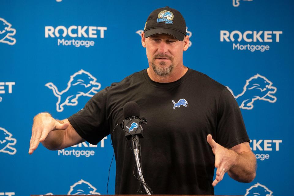 Detroit Lions head coach Dan Campbell answers questions before practice during training camp at the Detroit Lions Headquarters and Training Facility in Allen Park on Sunday, July 23, 2023.