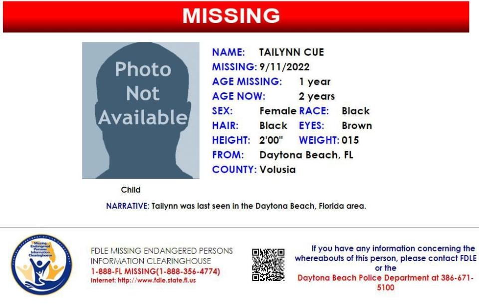Tailynn Cue was last seen in Daytona Beach on Sept. 11, 2022.