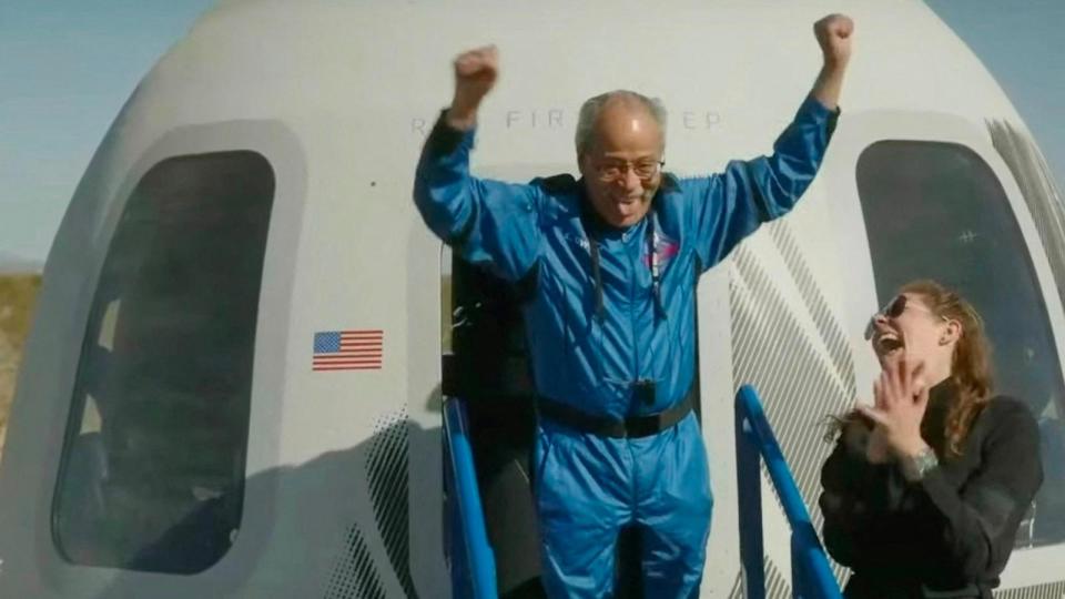 PHOTO: Ed Dwight celebrates exiting the Mission NS-25 crew capsule as it lands near the Blue Origin base near Van Horn, Texas, May 19, 2024. (Blue Origin/AFP via Getty Images)