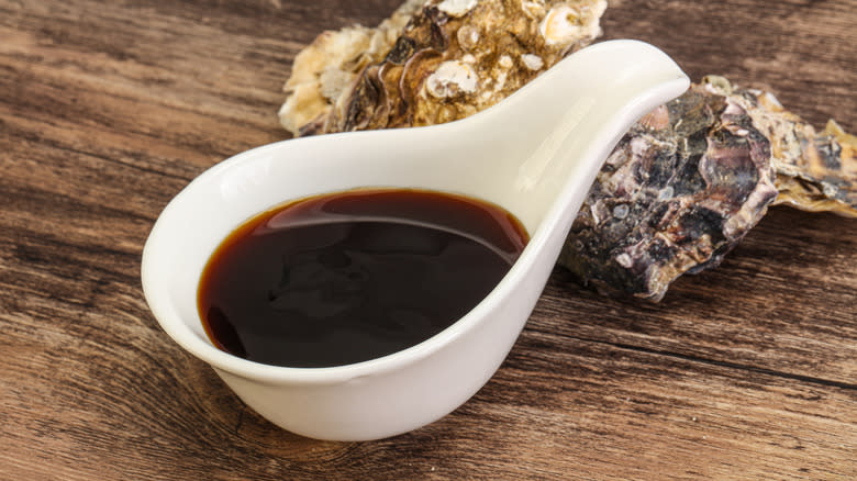 White bowl of oyster sauce condiment