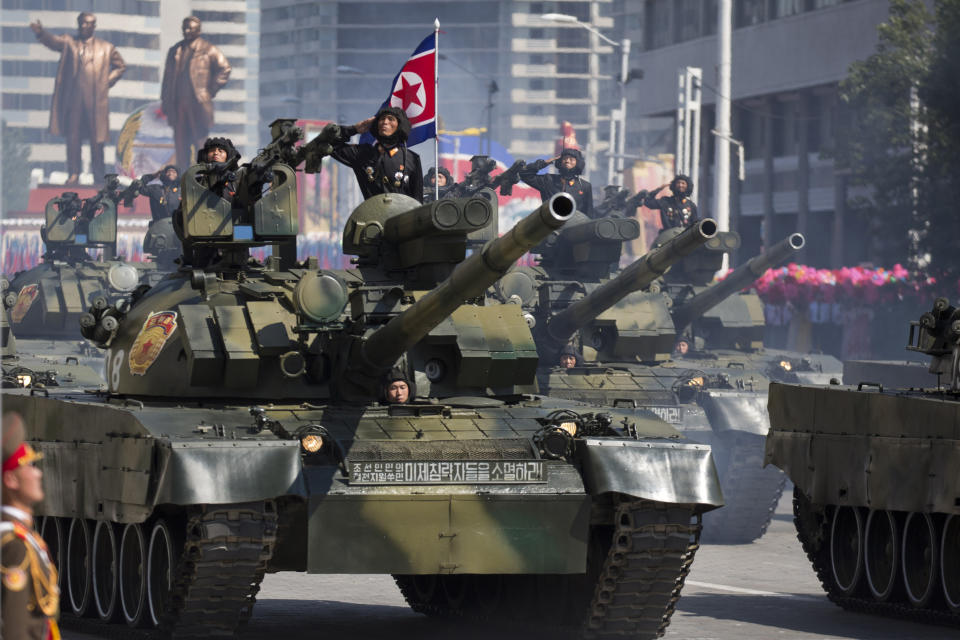 Tanks roll past during a parade for the 70th anniversary of North Korea's founding day in Pyongyang, North Korea, Sunday, Sept. 9, 2018. North Korea staged a major military parade, huge rallies and will revive its iconic mass games on Sunday to mark its 70th anniversary as a nation. (AP Photo/Ng Han Guan)