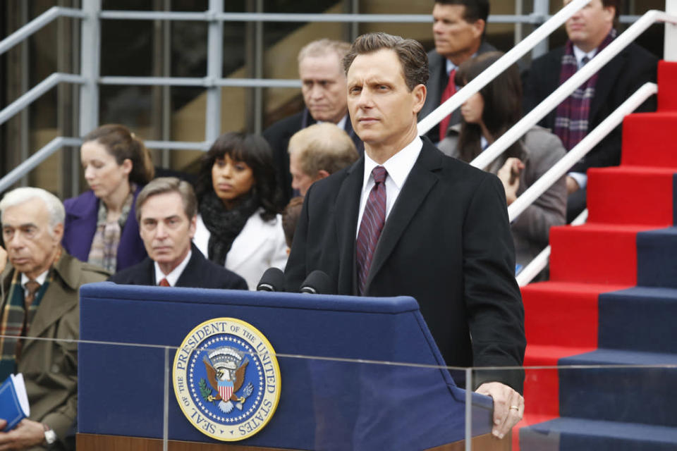 SCANDAL- "Happy Birthday, Mr. President" - In the wake of a tragedy connected to the White House, Olivia returns as Press Secretary to handle a catastrophic crisis, on "Scandal," THURSDAY, DECEMBER 6 (10:02-11:00 p.m., ET) on the ABC Television Network. (ABC/KELSEY MCNEAL) FLASHBACK SCENE: BACKGROUND: KERRY WASHINGTON, JEFF PERRY; FOREGROUND: TONY GOLDWYN