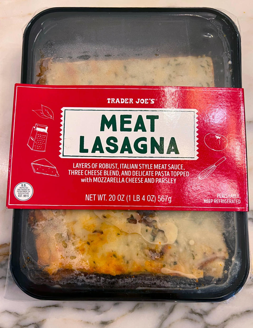 A container of Trader Joe's meat lasagna