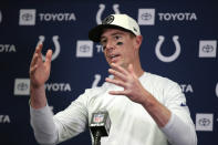 Indianapolis Colts quarterback Matt Ryan speaks during a news conference after an NFL football game against the Minnesota Vikings, Saturday, Dec. 17, 2022, in Minneapolis. The Vikings won 39-36 in overtime. (AP Photo/Andy Clayton-King)