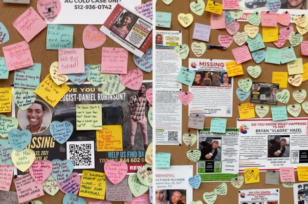 Missing person flyers and messages of support line a wall at CrimeCon 2023.