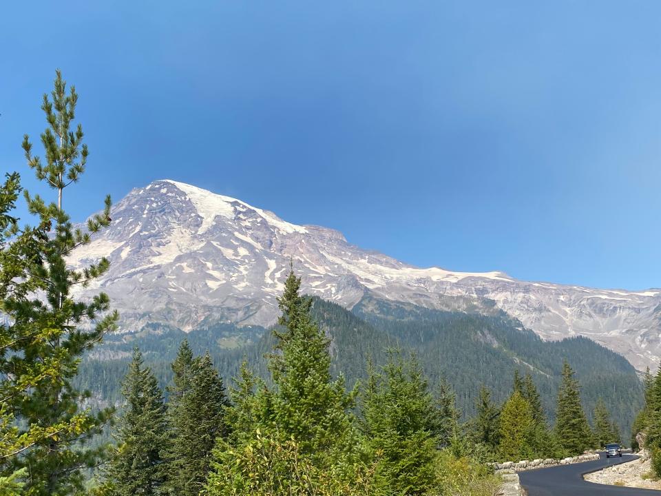 The Nisqually Glacier flows from the 14,410-foot summit of Mount Rainier, an icon in the landscape of Washington state. Views of this glacier are best seen from Ricksecker Point Overlook in Mount Rainier National Park. Twenty-five major glaciers blanket Mount Rainier, the highest peak in a chain of volcanoes that dominates the Cascade Range.  