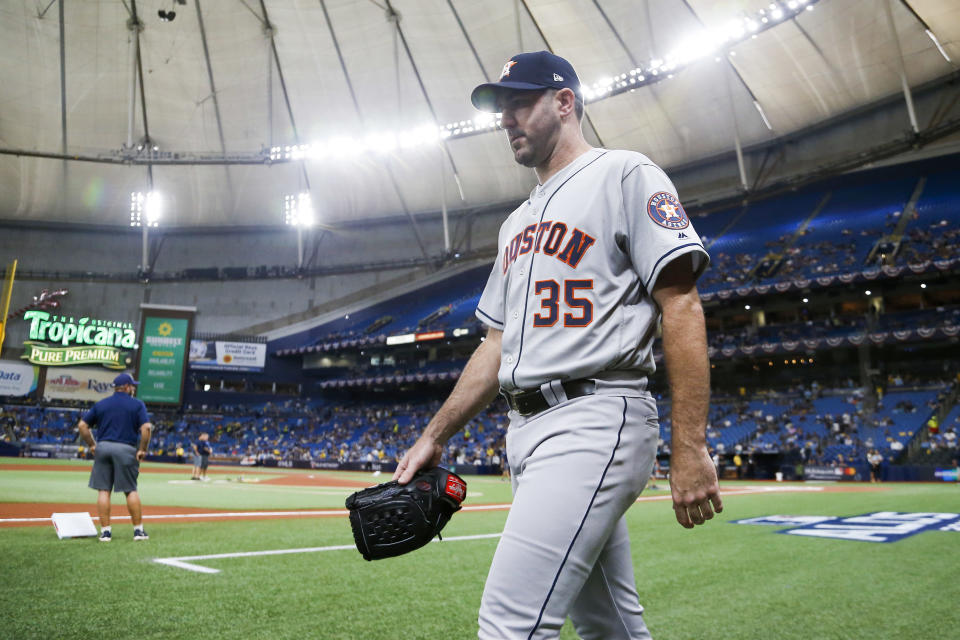 Oct 8, 2019; St. Petersburg, FL, USA; Houston Astros starting pitcher Justin Verlander (35) walks on the field during batting practice before game four of the 2019 ALDS playoff baseball series against the Tampa Bay Rays at Tropicana Field. Mandatory Credit: Reinhold Matay-USA TODAY Sports