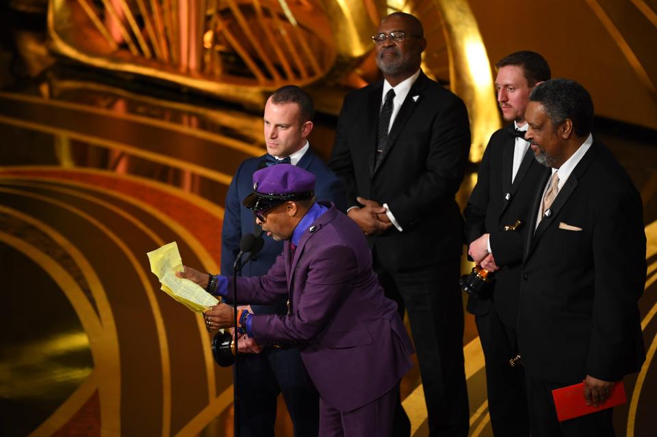February 24, 2019; Los Angeles, CA, USA;   Spike Lee reads his acceptance speech as Charlie Wachtel & David Rabinowitz and Kevin Willmott & Spike Lee accepts the award for best adapted screenplay for "BlacKkKlansman"   during the 91st Academy Awards at the Dolby Theatre. Mandatory Credit: Robert Deutsch-USA TODAY NETWORK (Via OlyDrop)