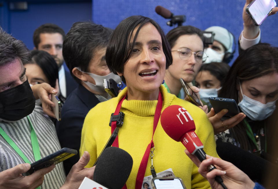 Maria Susana Muhamad Gonzalez, Environment Minister of Colombia speaks to reporters at the COP15, the UN Biodiversity Conference, in Montreal, Sunday, Dec. 18, 2022. (Graham Hughes/The Canadian Press via AP)