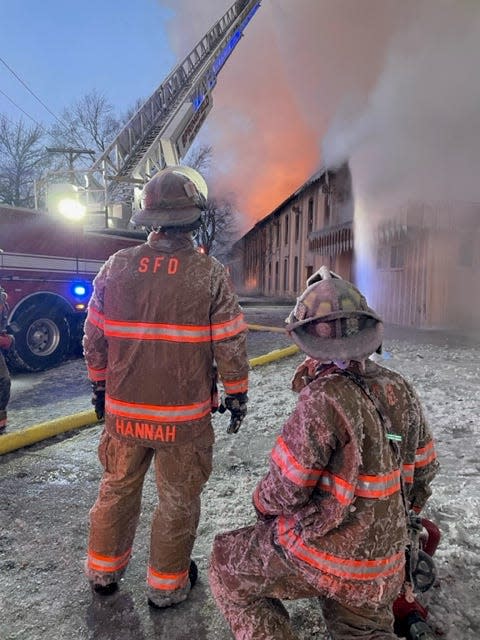 About 100 Springfield Fire Department firefighters were at the scene at one time or another during a massive fire at the former Land of Lincoln Goodwill Industries facility in the 800 block of North 11th Street on Saturday. It was one of the city's biggest fires since the late 1970s, according to SFD Chief Brandon Blough.