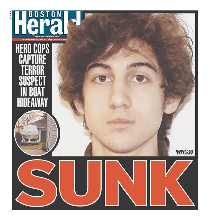 Newspaper covers of Boston bombing suspect's arrest