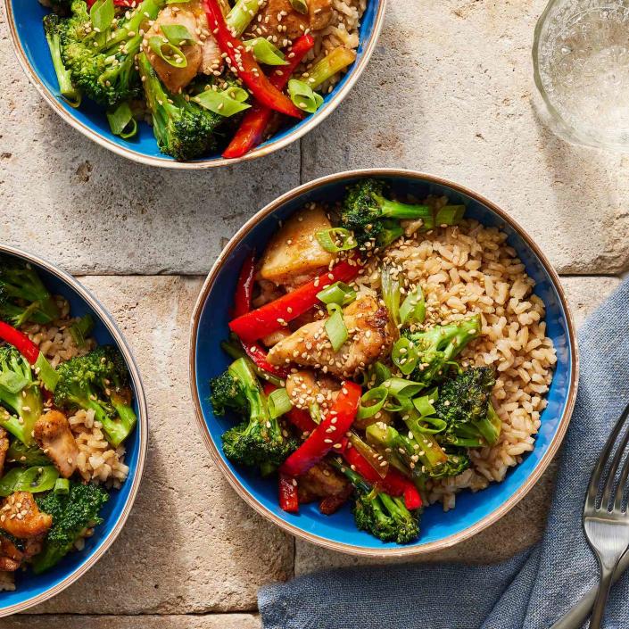 <p>This sweet-and-salty teriyaki chicken rice bowl is flavored with fresh grated ginger and scallions and packed with colorful veggies and everything else you need for a balanced dinner in one dish. <a href="https://www.eatingwell.com/recipe/7964984/teriyaki-chicken-rice-bowl/" rel="nofollow noopener" target="_blank" data-ylk="slk:View Recipe" class="link ">View Recipe</a></p>