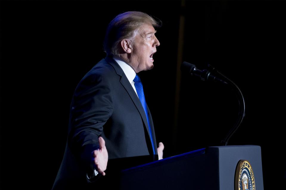 WASHINGTON, DC - FEBRUARY 13: (AFP-OUT) President Donald Trump speaks at the Major County Sheriffs and Major Cities Chiefs Association Joint Conference February 13, 2019 in Washington, DC. Trump took the opportunity to deliver remarks on his border-security and immigration policy. Republican leaders are asking Trump to sign legislation that allocates about $1.375 billion for over fifty miles of physical barriers along the border. Signing the agreement would prevent another partial shutdown of the federal government that would begin February 16. (Photo by Michael Reynolds-Pool/Getty Images) ORG XMIT: 775298806 ORIG FILE ID: 1124726388