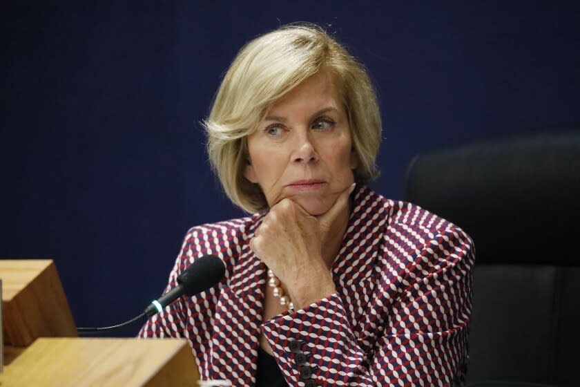 LOS ANGELES, CA - OCTOBER 01, 2019 Janice Hahn, Chair of the Los Angeles County Board of Supervisors listens intently during a Board meeting with Los Angeles County Sheriff Alex Villanueva to proposals regarding spending at the Sheriff'd Department in an effort to recover a $63 million budget deficit. (Al Seib / Los Angeles Times)