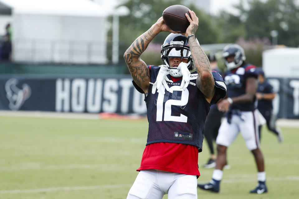 Houston Texans wide receiver Kenny Stills makes a catch during an NFL training camp football practice Monday, Aug. 24, 2020, in Houston. (Brett Coomer/Houston Chronicle via AP, Pool)