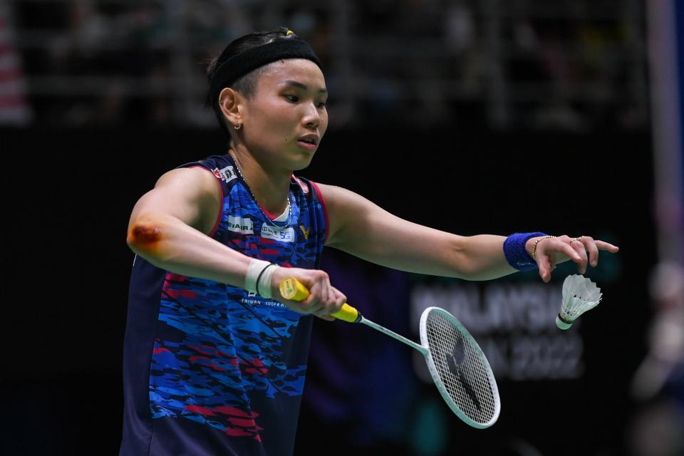 Chinese Taipei's Tai Tzu Ying serves during the women's singles semifinal match against China's Chen Yufei at Malaysia Open 2022 in Kuala Lumpur, Malaysia, July 2, 2022. (Photo by Zhu Wei/Xinhua via Getty Images)